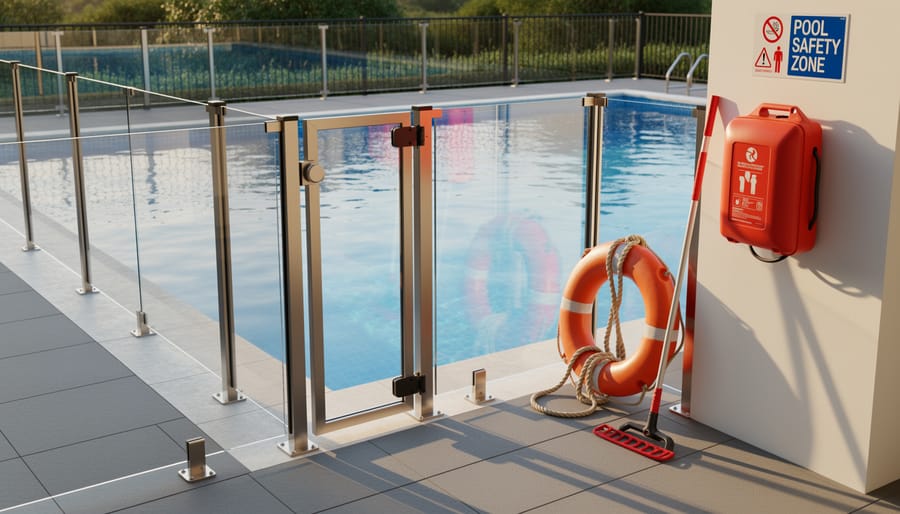 Backyard pool with safety fence, closed cover, and visible rescue ring on the deck.