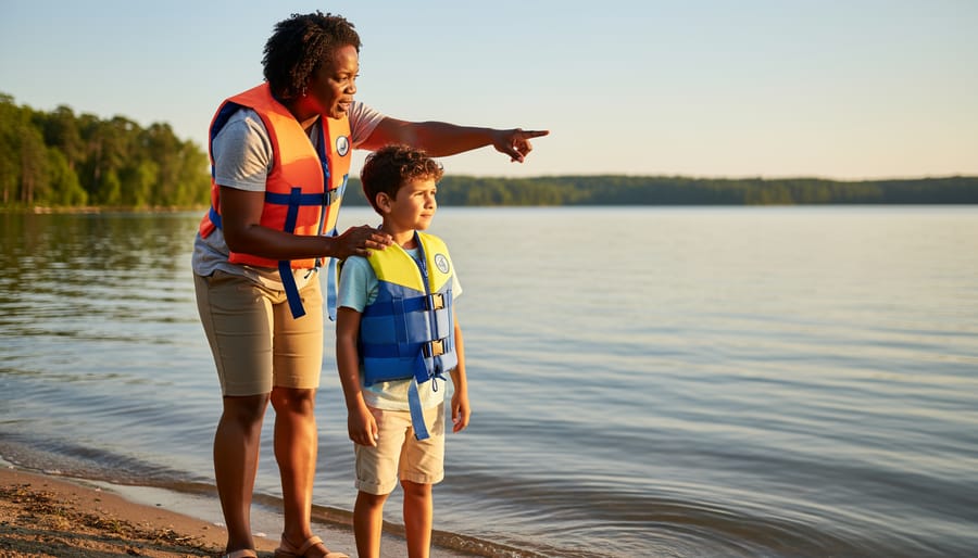 Parent and child wearing properly fitted life jackets by a calm lake shoreline.