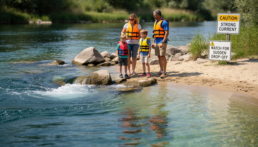 Family standing back from a rocky, current-moving lake or river shoreline while wearing life jackets.